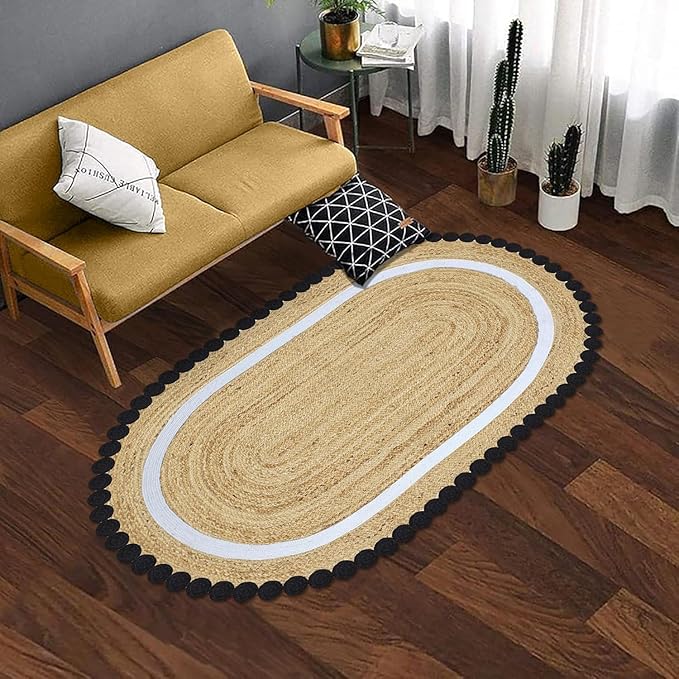 10x16 Oval Jute Rugs for Bedroom Kilim Rug Flatweave Rug Natural Jute Thick 0.27" Solid Pattern Black Beige Hand Braided Jute Handmade Boho Indoor Outdoor Rugs for Living Room Dining Room