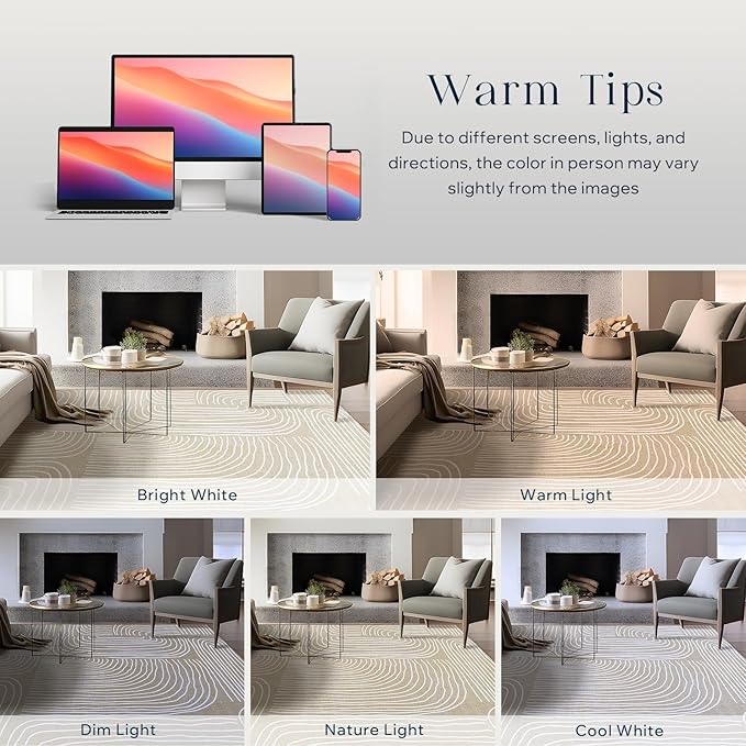 Phantoscope Washable Area Rug 5'x7' Non-Slip, Modern Neutral Boho Rugs for Living Room, Bedroom, Dining Room, Abstract Hand-Drawn Wavy Line Pattern, Low-Pile Foldable Floor Carpet, Beige/Ivory