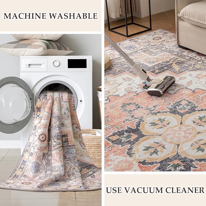 VK VK·LIVING Machine Washable Rug 5'x7' Vintage Design Washable Area Rugs with Non Slip Rugs for Living Room Bedroom Traditional Woven Carpet Stain Resistant, Dining Office Boho Rug (Mistyrose)