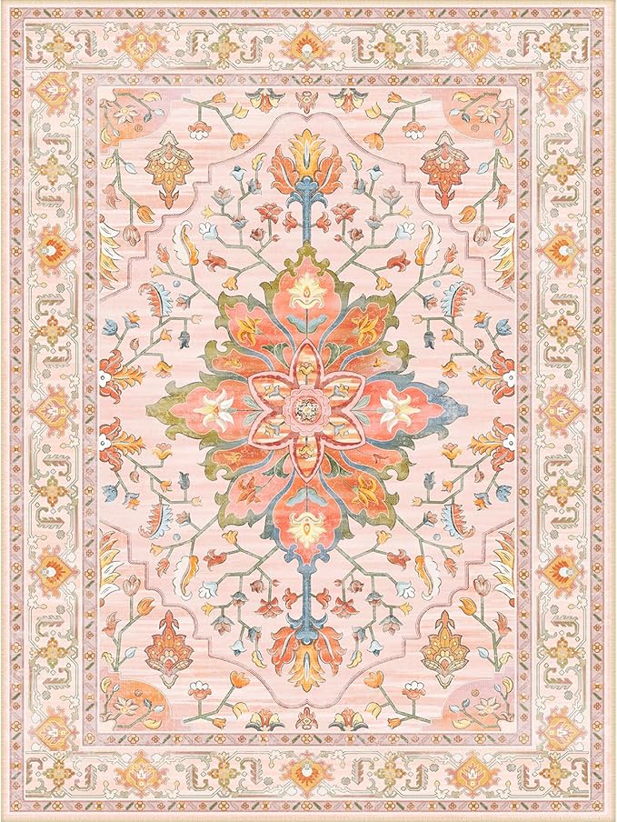 Area Rugs Square 7ft Washable Non-Slip, Floral Vintage Distress Print Pattern Medallion Carpet for Living Room Bedroom Dining Room, Light Pink Colorful