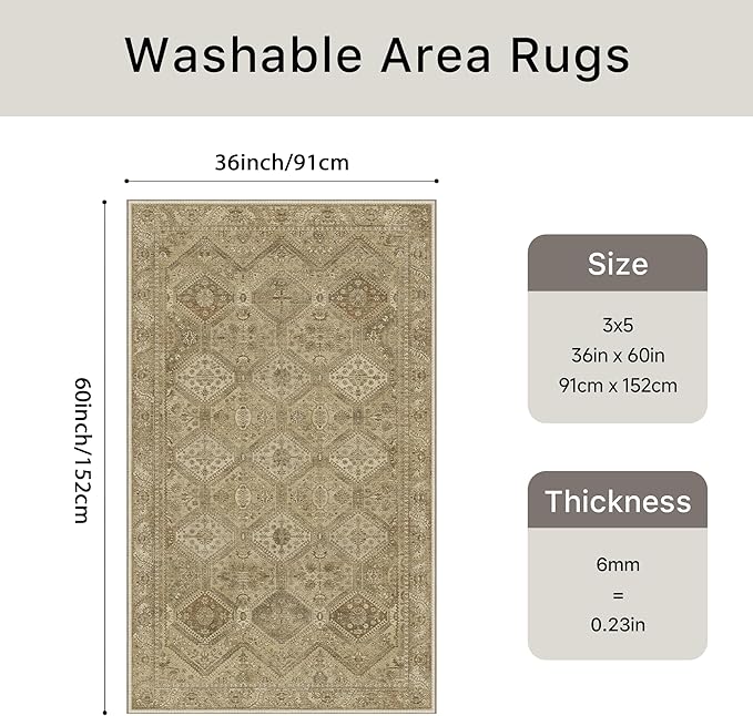 Bavni 3x5 Area Rugs for Living Room, Machine Washable Rug Non Slip, Vintage Chenille Distressed Print Carpet, Large Low Pile Ultra-Thin Lightweight Rugs for Bedroom, Dining Room, Office, Nut Brown