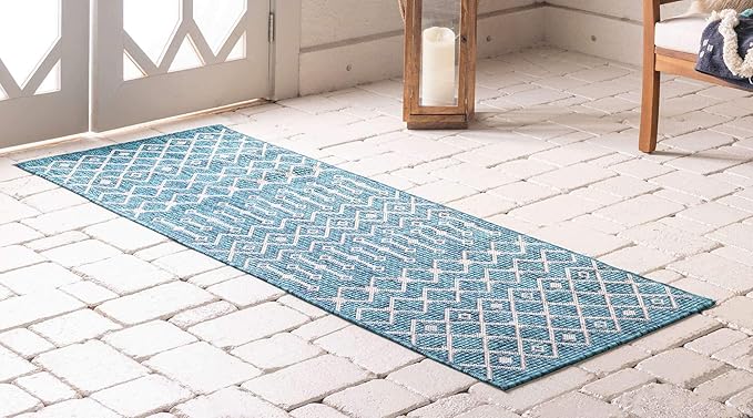 Unique Loom Outdoor Trellis Collection Area Rug - Tribal Trellis (2' x 6' 1" Runner, Teal/ Ivory)