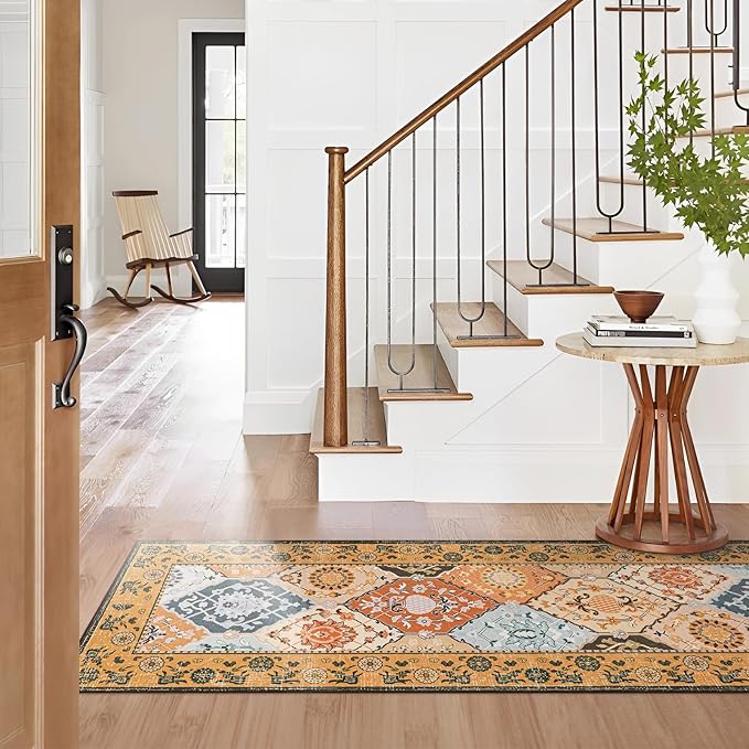 Phantoscope Washable Runner Rug 2'x10' Non-Slip, Vintage Boho Hallway Rugs for Entryway, Stair, Bedroom, Distressed Moroccan Mosaic Diamond Pattern, Low-Pile Foldable Floor Carpet, Terracotta/Rust