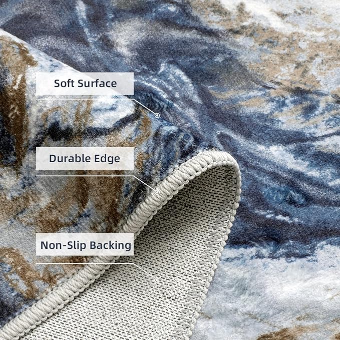2x6 Runner Rug for Hallways Kitchen Modern Abstract Washable Runner Rug Blue Soft Non Slip Marble Carpet Runner for Laundry Entryway Bedroom Bathroom