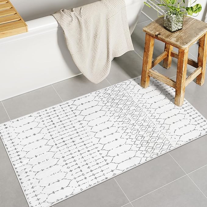 Lahome Moroccan Runner Rug for Hallway - 2x4 Rug Washable Non-Slip Small Carpet Runner Lightweight Throw Rubber Back Bath Carpet, Geometric Print Mat for Kitchen Entryway Bedroom (White, 2'x4')
