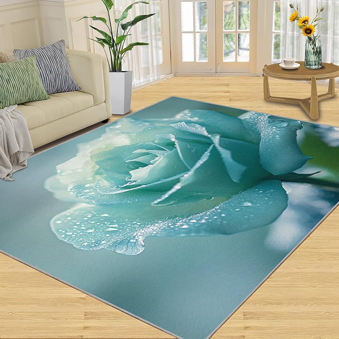 5x6 Blue-Rose Rugs for Office - Realistic Florals Living Room Carpet, Flowers Bedroom Area Rug Kids Low Pile Rug for Indoor Outdoor Hardwood Floors Home Decor