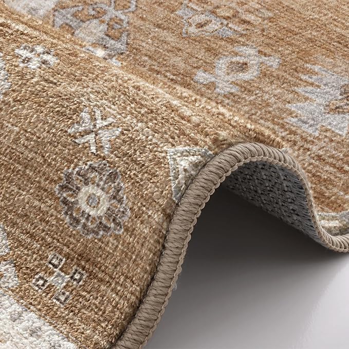 LUMI Indoor Thin Door Mat, 36x59 Washable Small Inside Doormat, Non Slip Low Pile Oriental Floor Carpet, Vintage Distressed Area Rug for Front Door,Entrance,Bedroom, Amber
