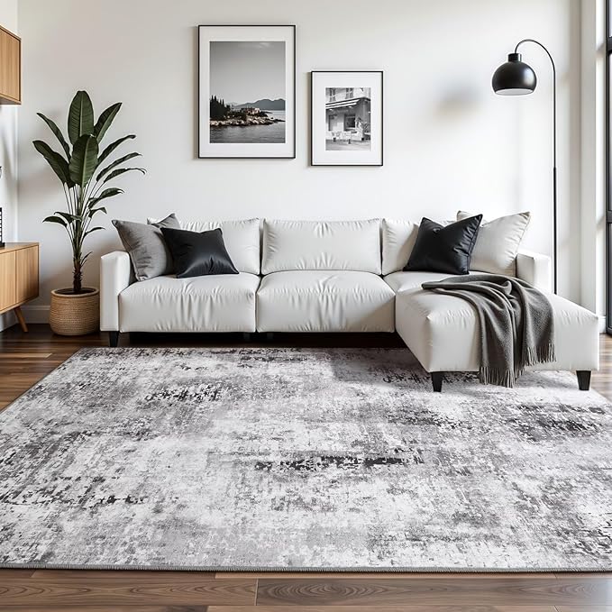 Washable Abstract Rug, 8x10 Modern Area Rugs with Non-Slip Rubber Backed for Living Room, Thin but Soft Contemporary Carpet Kitchen Bedroom Dining Room Decor, Dark Grey