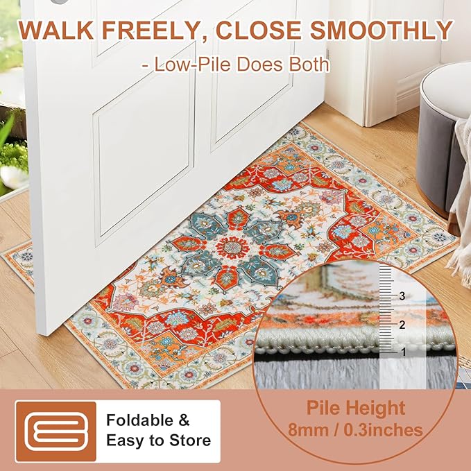 WILLSUN Washable Area Rugs, 2x3 Non-Slip Boho Small Area Rugs for Entryway, Kitchen, Bathroom, Machine Washable Vintage Rug, Indoor Floral Print Carpet for Home Decor, Kid & Pet Friendly Mat