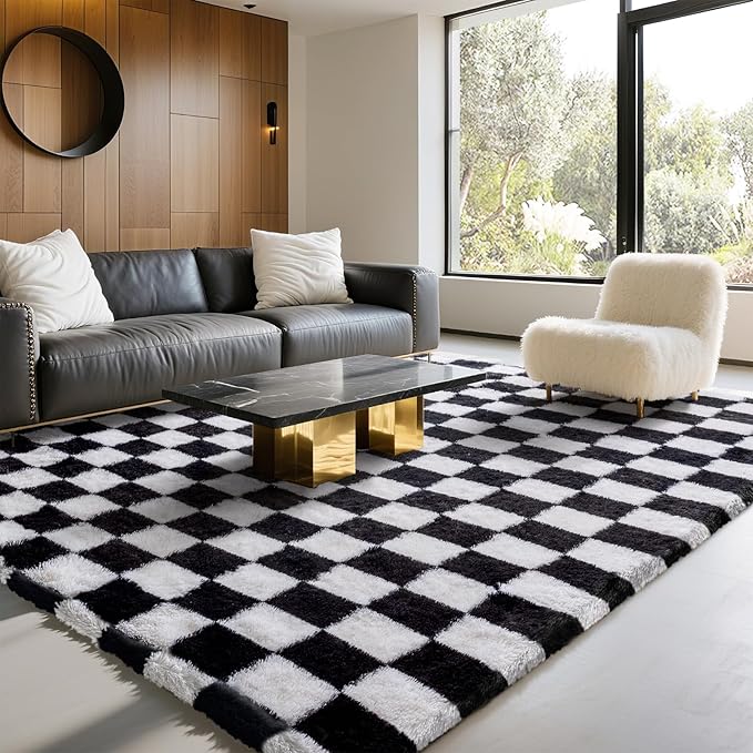 6x9 Area Rugs for Living Room Bedroom, Soft Fluffy Shaggy Bedside Rug, Indoor Floor Carpet for Kids Playroom, Dorms, Nursery Rooms, Home Decor (Black & White 6'x9')