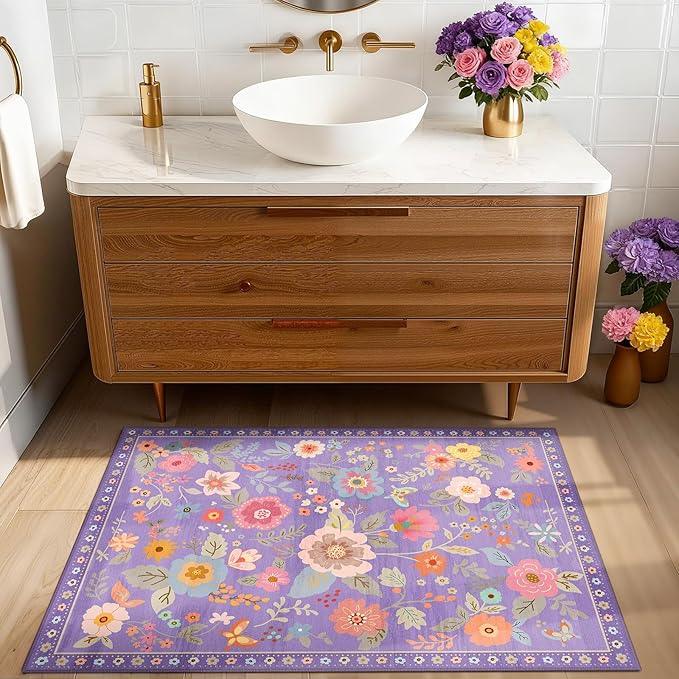 Floral 2x3 Area Rug Machine Washable Soft Print Boho Carpet Non Slip Doormat Low Pile Flower Area Rugs for Living Room Bedroom Nursery Kitchen Dining Room Indoor-Purple/Pink/Multi