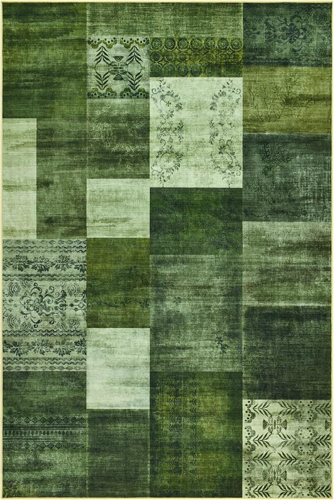 Tepook Modern Area Rug for Living Room, 5x7 Geometric Large Rugs for Bedroom, Washable Patchwork Rug Indoor Non-Slip Throw Carpets for Dining Room Office Farmhouse Home Decor, Green