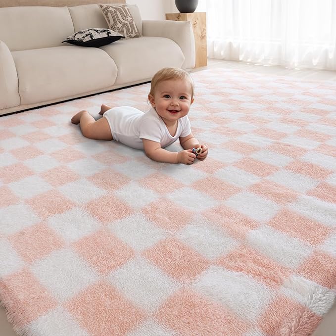 4x6 Area Rugs for Living Room Bedroom, Soft Fluffy Shaggy Bedside Rug, Indoor Floor Carpet for Kids Playroom, Dorms, Nursery Rooms, Home Decor (Pink & White 4'x6')
