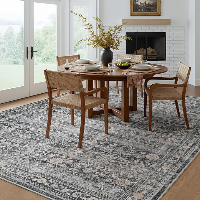 MontVoo-Vintage Area Rug 9X12 Grey Rugs for Living Room-Soft Distressed Printed Rugs for Bedroom-Non Slip Carpet-Machine Washable Rug for Dining Room Living Room Bedside Office