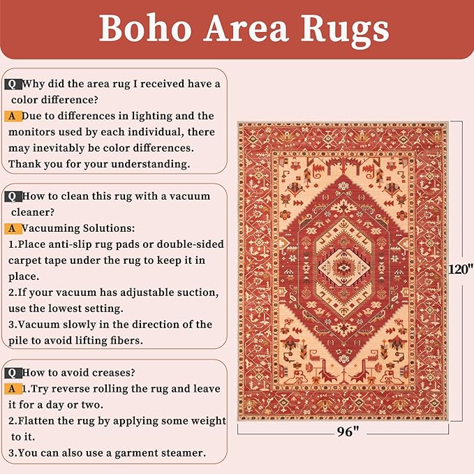 SERISSA Washable Rugs 8x10 Area Rugs, Large Non-Slip Boho Living Room Rug, Ultra Soft Oriental Vintage Red Beige Print Distressed Carpet for Dining Room Bedroom Dorm Office Home Decor