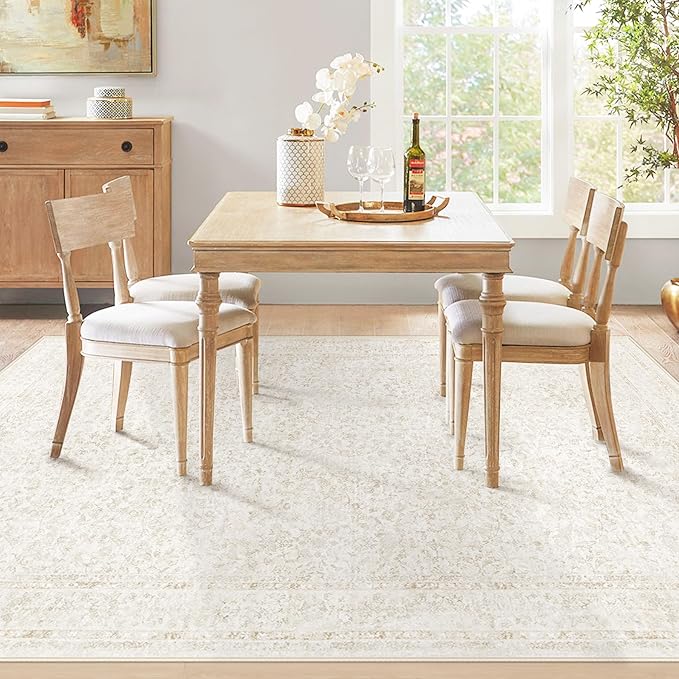 6x9 Area Rugs for Living Room: Washable Vintage Floral Rug Low Pile Non-Slip Boho Carpet for Bedroom Nursery Dining Room (Floral Beige, 6'x9')