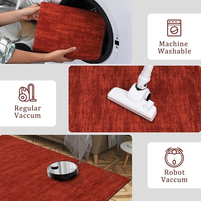 RUGSREAL 5x7 Living Room Area Rug Modern Solid Color Area Rugs Non-Slip Stain Resistant Floor Carpet Indoor Washable Contemporary Area Rug for Bedroom Dining Room Kitchen Home Office, Red
