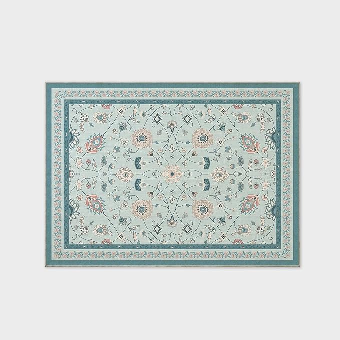 EVERGRACE Area Rugs for Living Room 5x7, Boho Floral Faux Wool Indoor Outdoor Rugs, Washable Rugs for Bedroom Dining Room Entryway Kitchen, Low Pile Floor Mat Carpet for Home Decor, Pale Blue
