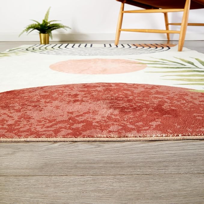RoomTalks Mid Century Modern Washable Rug, Boho Cute Aesthetic 5x7 Area Rugs for Bedroom Dining Living Room Kitchen, Abstract Tropical Leaves Non Slip Thin Indoor Entryway Rug Accent Floor Carpet