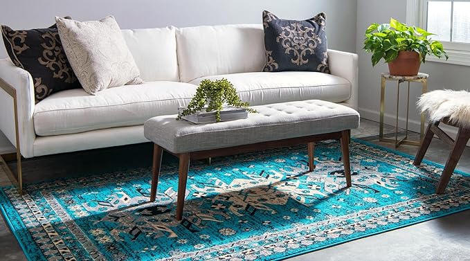 Unique Loom Taftan Collection Border Geometric Tribal Inspired Design Area Rug (7' 0 x 10' 0 Rectangular, Turquoise/ Gray)
