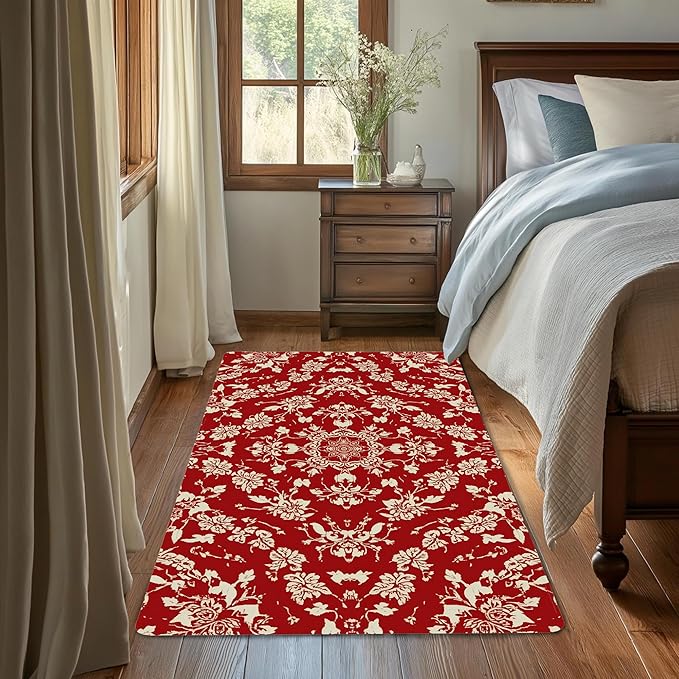 Red Flower Carpet for Living Room, 3x5 Non-Slip Washable Low Pile Abstract Design Rug, Space Saving Area Rug for Bedroom, Dining Room
