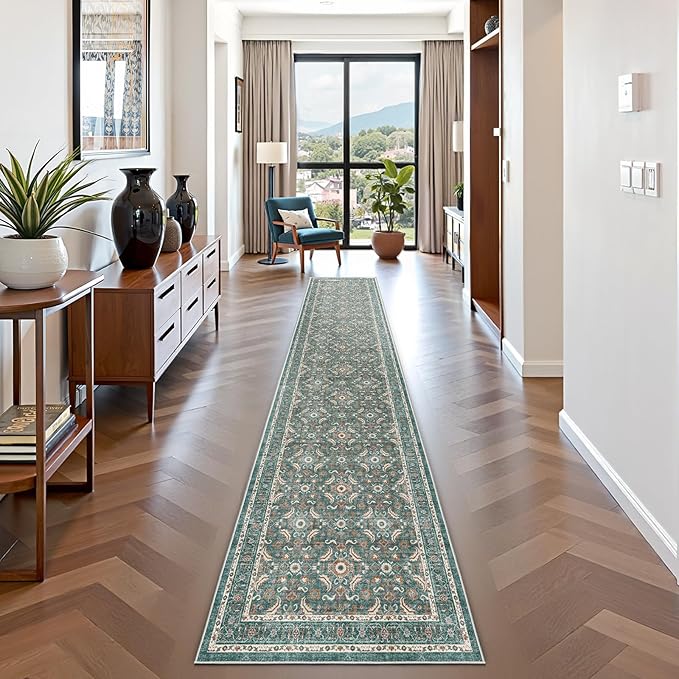 WITSHOCK 2x10 Long Runner Rug for Hallway,Washable Rug Distressed Boho for Bedroom Kitchen Entryway Indoor Entrance,Non Slip Runner Rugs with Rubber Backing（Teal Blue,2x10）