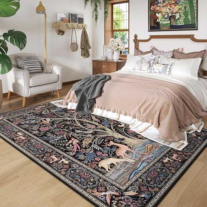 Rugcomf Area Rugs 9x12 Living Room Vibrant Tree of Life-Patterned Vintage Washable Rug Non Slip Low Pile Large Rug for Bedroom Farmhouse Dining Room Kids Playroom, Black