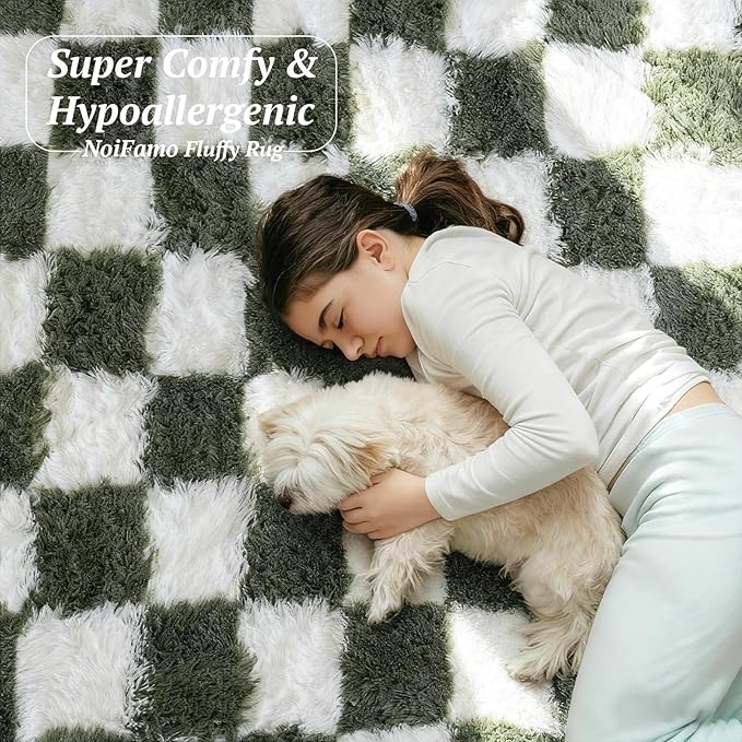 5x7 Area Rugs for Living Room Bedroom, Soft Fluffy Shaggy Bedside Rug, Indoor Floor Carpet for Kids Playroom, Dorms, Nursery Rooms, Home Decor (Olive Green & White 5'x7')