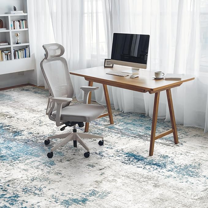 Washable Area Rugs for Living Room 8x10 - Large Neutral Modern Abstract Rug, Soft Low Pile Carpet with Non Slip Backing for Under Dining Room Table, Bedroom, Home, Office, Dorm - Blue Gray