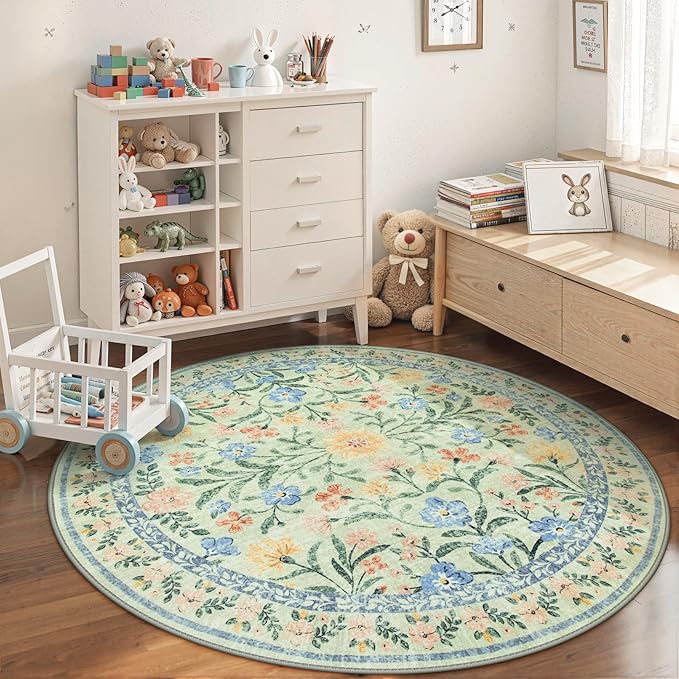 Wonnitar Washable Floral Round Rug, 6ft Sage Green Round Area Rugs for Bedroom Nursery, Boho Non-Slip Indoor Large Circle Carpets for Dining Room Living Room Kids Playroom