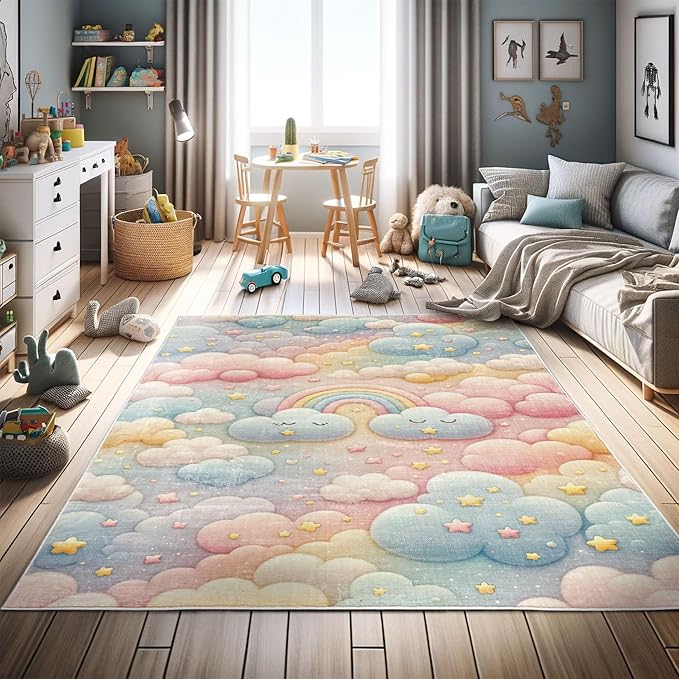 Ambesonne Cartoon Sky Decorative Rug, Dreamy Colors Celestial Atmosphere with Starry Kawaii Clouds Rainbow, Quality Carpet for Bedroom Dorm and Living Room, 2' 2" x 3' 7", Blush Mustard Blue