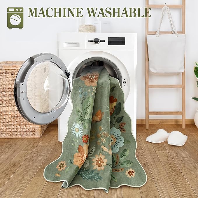 Lahome Floral Washable Rugs, 4X6 Rug for Bedroom Ultra-Thin Soft Dining Room Rug, Non-Slip Living Room Rugs Stain Resistant Boho Rug Lightweight Low-Pile Throw Rug for ‎Office (4x6ft,Green)