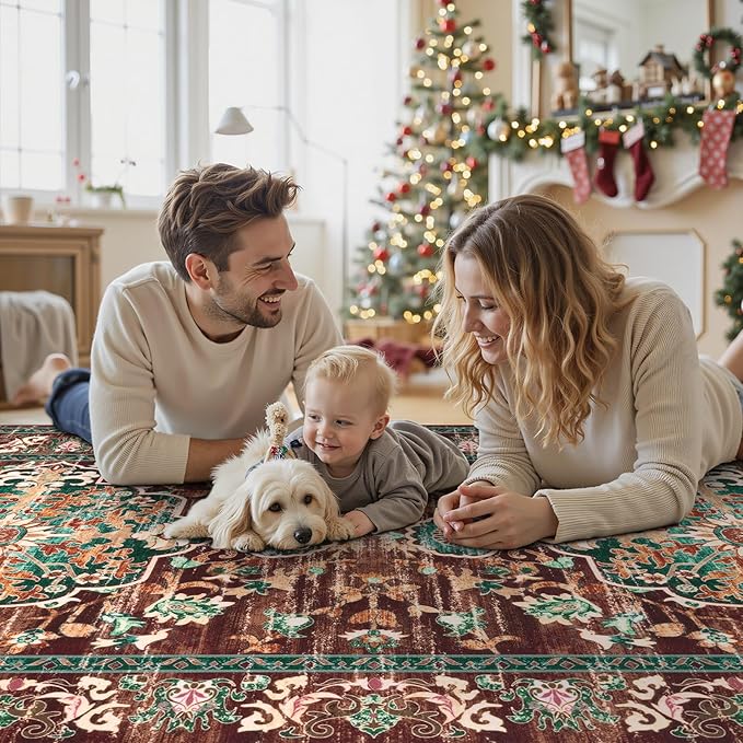 U'Artlines 3' x 10' Boho Hallway Runner Rug, Rust Non Slip Washable Vintage Farmhouse Accent Rug Carpet for Kitchen Entryway Laundry and Living Room (Rust＆Teal)