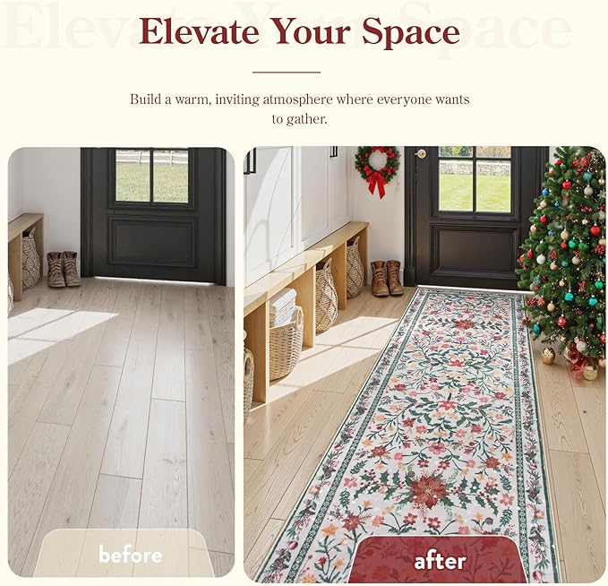 Lahome Christmas Runner Rug for Hallway 2'6'' x 8', Christmas Kitchen Front Porch Decor Carpet Runners 8ft, Botanical Narrow Rugs for Long Front Porch Winter Greenery Holiday Decor
