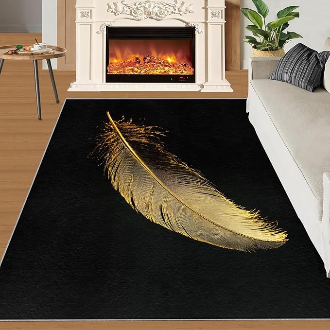 Golden Feathers Rugs for Bedroom - 5x8 Area Rug - Black Gold Feathers Rugs for Living Room, Modern Minimalist Art Rug, Washable Home Decor Carpet