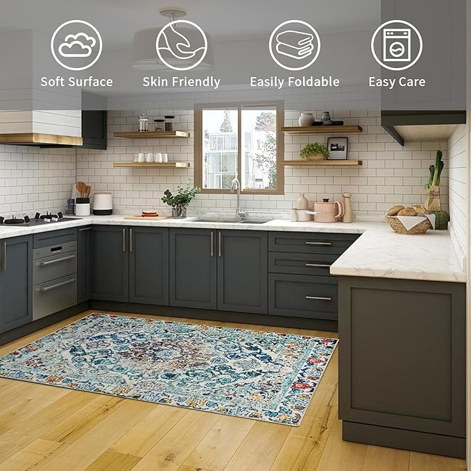 Easy-Going Boho Area Rug 3x5 Entryway Rug Washable Inside Door Mats for Home Entrance Non-Slip Medallion Distressed Small Rugs for Entry Living Room Bedroom Kitchen Lightweight Carpet, Vintage Multi
