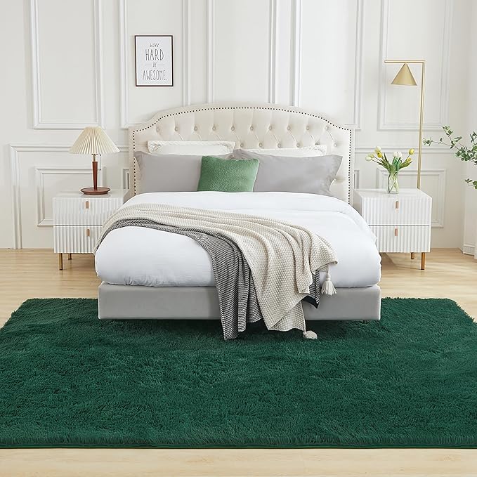 Andency Emerald Green Soft Area Rugs for Living Room Bedroom, 5x8 Fluffy Shaggy Bedside Rug, Non-Slip Large Shag Fuzzy Plush Carpets for Bedroom Kids Dorm Nursery Home Decor Aesthetic
