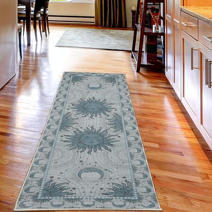 Ambesonne Sun and Moon Decorative Rug, Bohemian Artwork Design of Crescent Solar Ornament Esoteric Stars Ornaments, Quality Carpet for Bedroom Dorm and Living Room, 2' 5" x 7' 5", Dark Sea