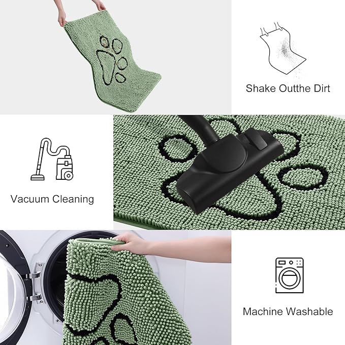 Smiry Dog Door Mat for Muddy Paws, Absorbent Dirt Trapper Non Slip Quick Dry Washable Chenille Mat for Mud Dogs, Entry Rug for Indoor and Outdoor (40x32 Inches, Olive Green and Black)