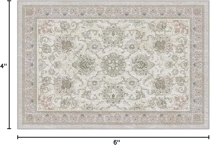 Phantoscope Washable Area Rug 4'x6' Non-Slip, Vintage Neutral Rugs for Living Room, Bedroom, Dining Room, Distressed Boho Floral Medallion Pattern, Low-Pile Foldable Floor Carpet, Cream Beige/Neutral