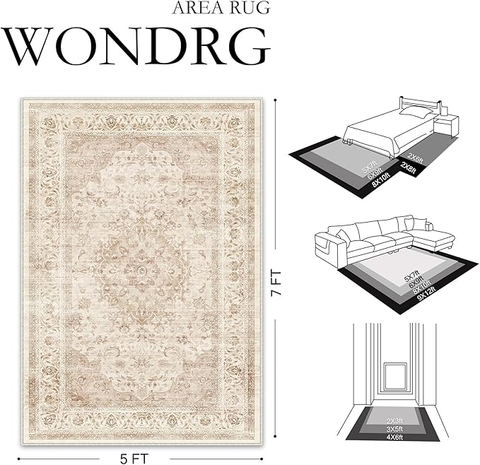 3x8 Beige Washable Vintage Area Rug for Living Room Bedroom Soft Tranditional Non Slip Runner Rug Lightweight Floral Low Pile Distressed Carpet Hallway Kitchen Bedroom Office