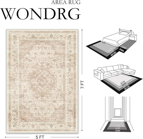 2x3 Beige Washable Vintage Runner Rug for Living Room Bedroom Soft Tranditional Non Slip Thin Throw Rug Lightweight Floral Low Pile Distressed Carpet Doormat Kitchen Entrance Hallway Laundry