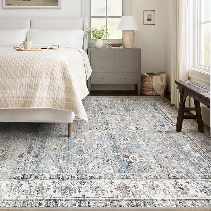 Area Rug 6x9 Living Room Rug, Machine Washable Vintage Distressed Boho Area Rug Non-Slip Soft Low Pile Large Indoor Rugs for Bedroom Kitchen Dining Room Office(Light Blue,6'x9')