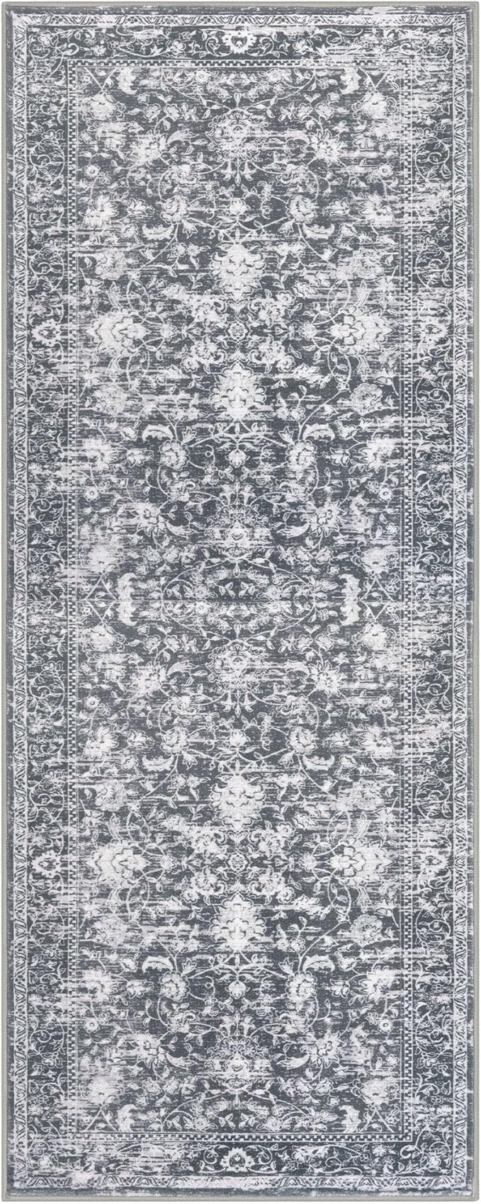 KILOCOCO Hallway Runner 2x6 Rug Runner Printed Vintage Floral Washable Kitchen Runners Non-Slip Rubber Backed Runners for Hallways Laundry Room Distressed Boho Rugs for Entryway Bedroom, Grey