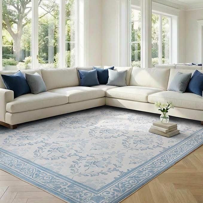 SOULFUL Medium Pile 2x3 Entryway Rug - Soft Underfoot Small Area Rug - Mist Blue Boho Floral - Washable Non-Slip - Perfect for Hallway Kitchen Bedroom Bathroom Indoor Entrance