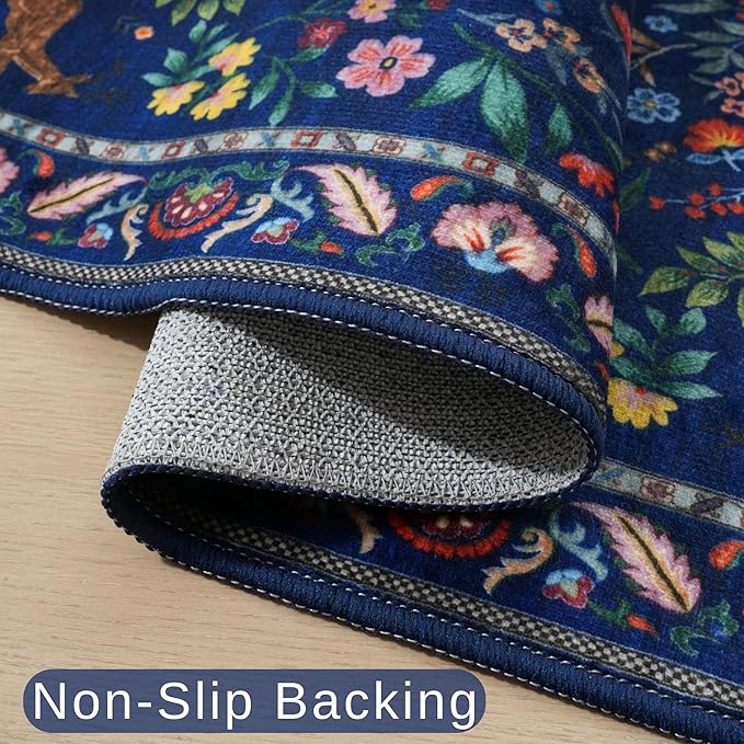 Rugcomf 8x10 Area Rugs for Living Room Washable Rug Floral Non-Slip Large Rug for Living Room, Bedroom, Farmhouse, Dining Room, Kids Playroom(Blue)