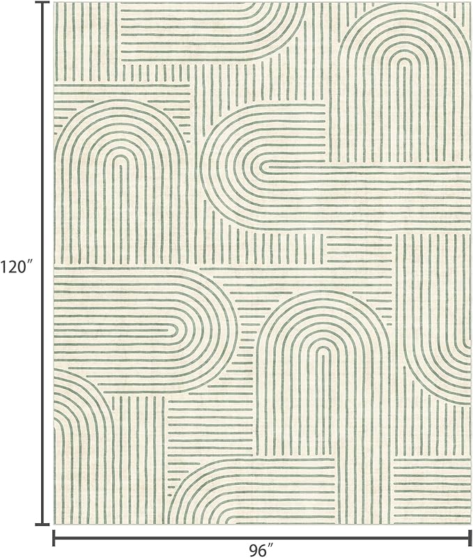 Washable Area Rug 8x10 - Large Sage Green Boho Rugs for Living Room Soft Abstract Bedroom Rug Ultra-Thin Modern Rainbow Carpet Rug for Dining Room Nursery Room Home Decor