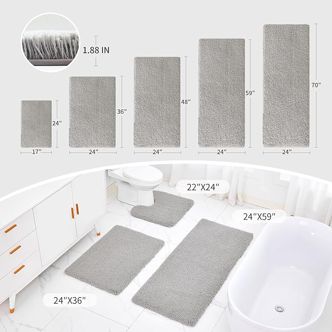 Small Bathroom Rug 17x24 Non Slip Gray Fluffy Bath Mat for Bathroom Floor Washable Plush Luxury Bath Rug for Tub Soft Shaggy Absorbent Shower Mat