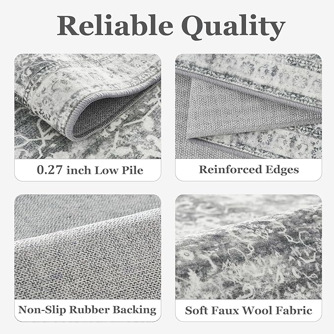 Grey 5x7 Area Rugs for Living Room Bedroom, Washable Non Slip Low Pile Thin Soft Carpet Rugs for Dining Room/Kitchen/Home Office/Nursery, Vintage Neutral Gray with Accents