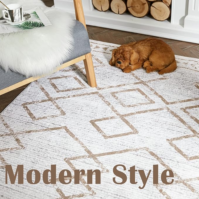 jinchan Moroccan 4x6 Area Rugs for Bedroom - Machine Washable Soft Modern Geometric Stain Resistant Non-Slip Ultra-Thin Low-Pile Faux Wool Carpet for Living Room Kitchen Dining Room (4x6ft, Taupe)